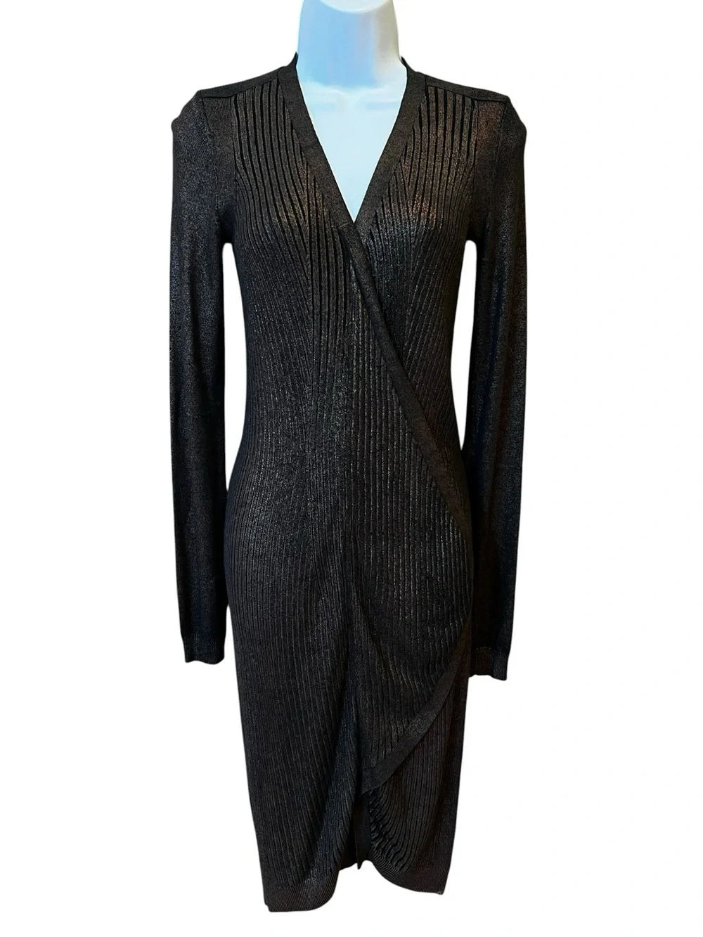 All Saints Epea Wrap Metallic Knit Long Sleeve Dress Black Gold Size 4  Cocktail